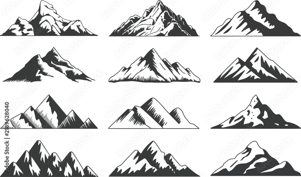Fototapeta premium Set of twelve hand drawn mountain with detailed shading, rugged rocky textures, and sharp peaks isolated on white background