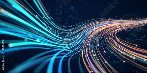 Abstract flowing blue and orange light trails representing high speed data transfer with fiber optics glowing lines abstract technology digital flow velocity