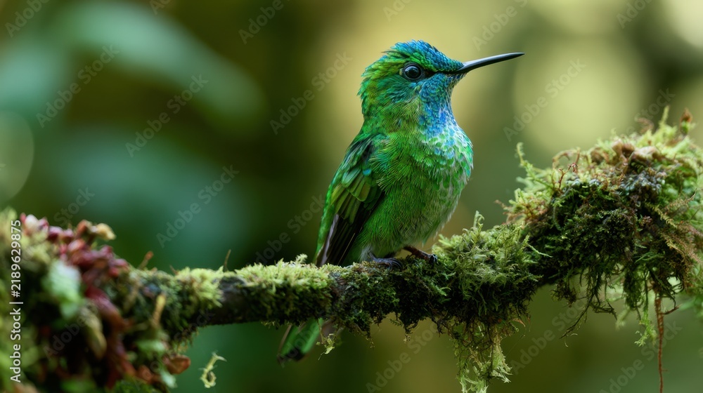 Obraz premium Close-up of vibrant green hummingbird perched on mossy branch in tropical forest with detailed feathers and natural blurred background