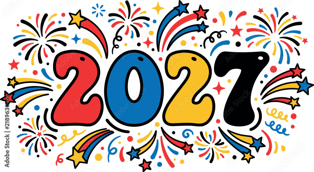 Fototapeta premium Colorful illustration of the year 2027 surrounded by festive fireworks and celebratory stars