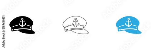 Three navy captain hats with anchors isolated on transparent background, Vector