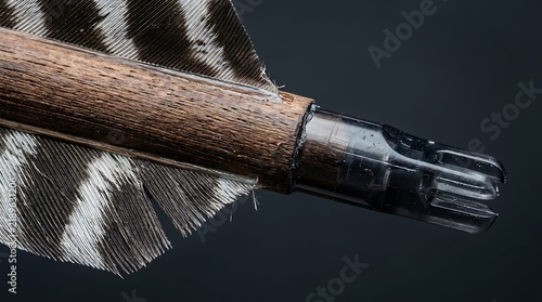 Close-up macro photography of a wooden arrow shaft featuring detailed striped feathers and a modern plastic nock base