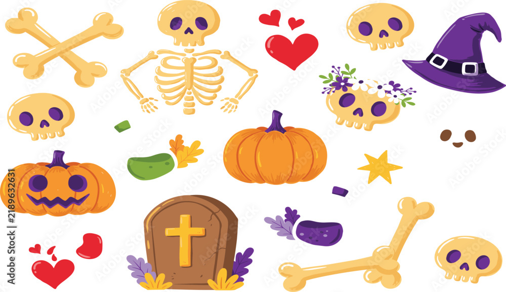 Obraz premium Cute Halloween Skeleton Vector Element Set with Spooky Skulls, Crossed Bones, Graveyard Tombstone, Purple Witch Hat, Jack O Lantern Pumpkins, and Romantic Hearts for Holiday Designs
