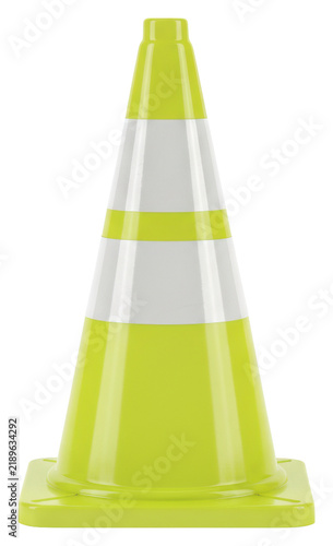 Brand new safety yellow-green traffic cone with reflective white bands, isolated on a transparent studio background with copy space, professional safety and warning concept