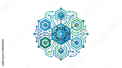 Creative Abstract Technology Network with Hexagonal Nodes Circuit Lines and Colorful Arrows in Modern Design