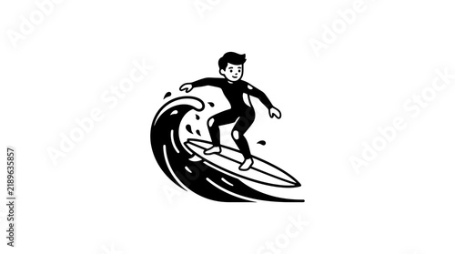 Creative Black and White Line Drawing of a Person Joyfully Surfing on a Wave with a Surfboard with high quality professional line art symbols for modern creative design and digital branding projects