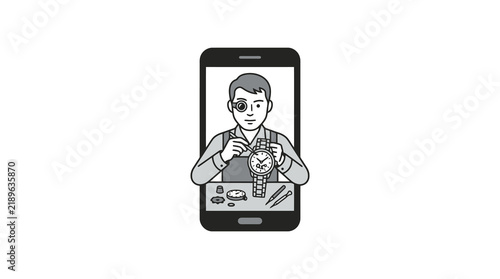 Creative Black and White of Watchmaker Repairing Pocket Watch on Smartphone Screen with high quality professional line art symbols for modern creative design and digital branding projects