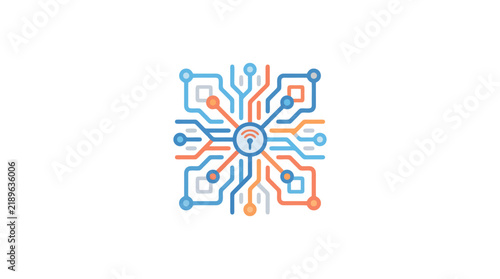 Creative Digital Circuit Design with Central Wi Fi Symbol and Colorful Connectors for Tech and Innovation Concepts