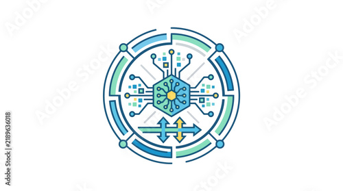 Creative Digital Network Hub with Circuit Board and Arrows Design in Blue Green and White Color Scheme