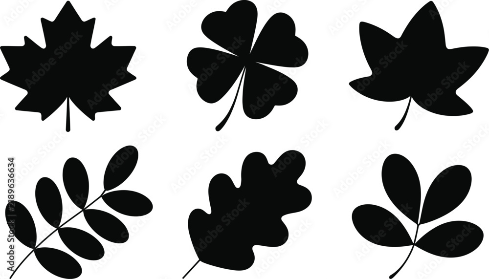 Obraz premium Black leaf silhouettes set including maple, clover, oak, and autumn foliage shapes isolated on a clean white background vector.