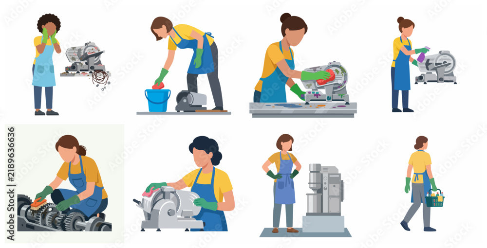Fototapeta premium Set of vector illustrations showing women workers cleaning and maintaining industrial kitchen machinery and gears