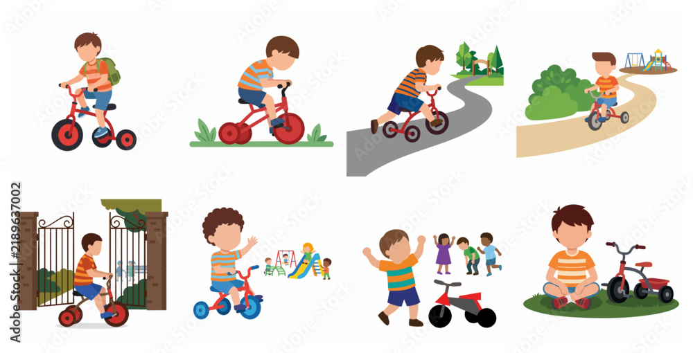 Fototapeta premium Cartoon Illustration Set of a Young Boy Riding a Red Tricycle and Playing Outdoors at the Park