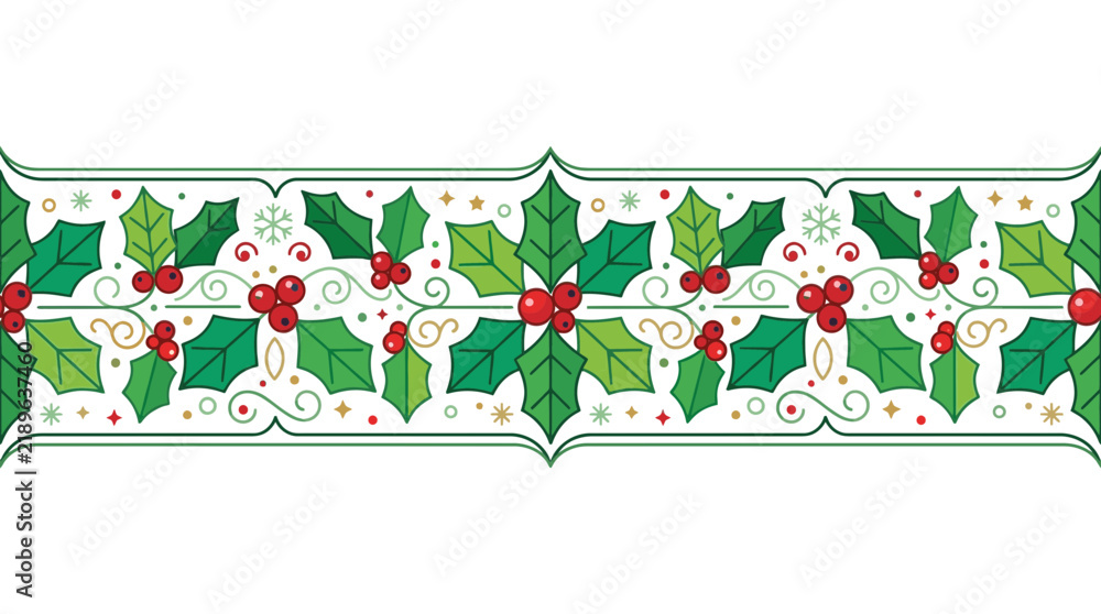Fototapeta premium Festive Holly Berry Border with Stars and Swirls