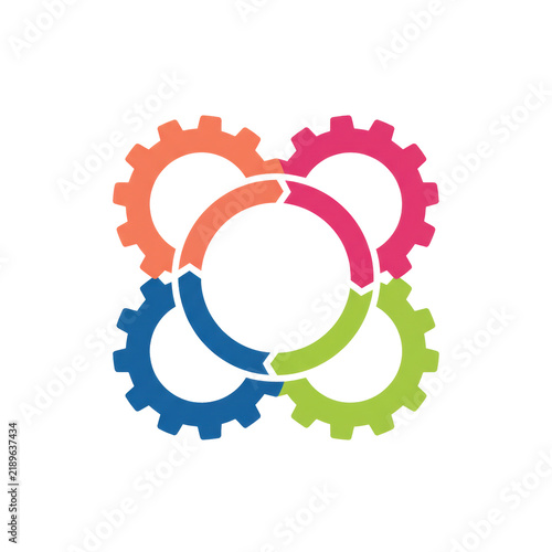 Five thick, interlocking gears in bright orange, magenta, coral, deep blue, and lime green, 2D flat design, on a minimalist white background with central copy space, concept of synergy and
