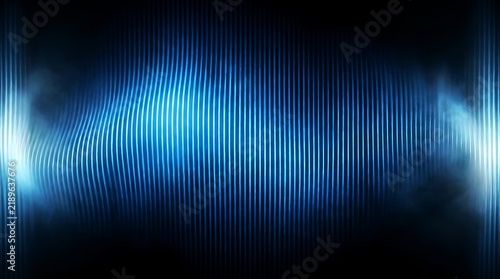 Abstract blue soundwave background, digital audio frequency visualization, glowing neon light bars on black backdrop
