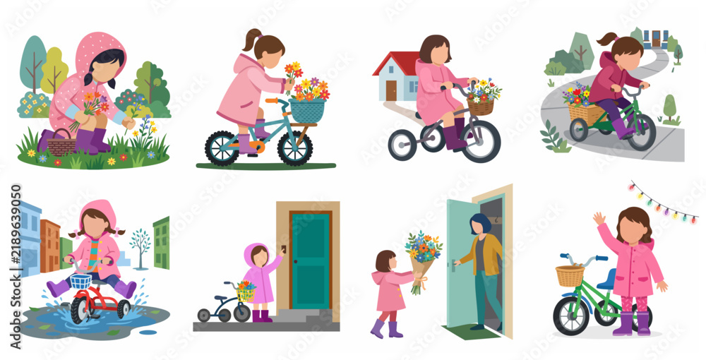 Fototapeta premium Cute little girl in pink raincoat picking spring flowers and riding her bicycle to deliver bouquets set of vector illustrations