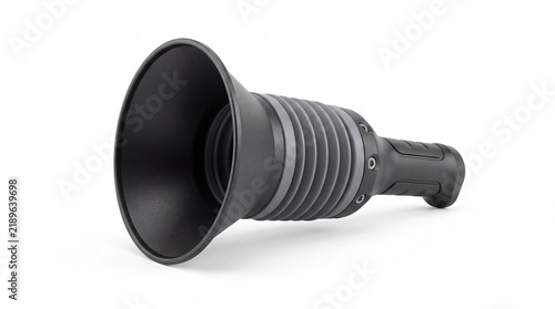 Matte black handheld acoustic detector with metallic grey ridges captured in studio on white background
