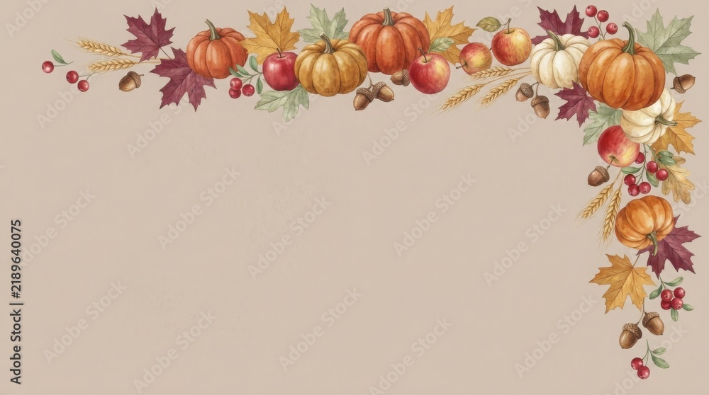 Fototapeta premium A beautiful thanksgiving border with pumpkins leaves and autumnal colors