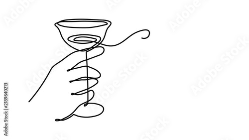 Hand holds wine clinking glass celebrating 2027 new year animation, one line art, continuous drawing contour motion. Cheers toast, festive hand-drawn holiday decoration, outline video. 4k self-drawing