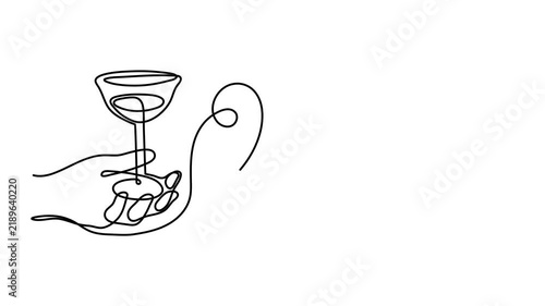 Hand holds wine clinking glass celebrating 2027 new year animation, one line art, continuous drawing contour motion. Cheers toast, festive hand-drawn holiday decoration, outline video. 4k self-drawing