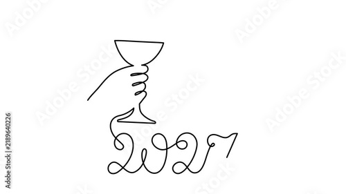 Hand holds wine clinking glass celebrating 2027 new year animation, one line art, continuous drawing contour motion. Cheers toast, festive hand-drawn holiday decoration, outline video. 4k self-drawing