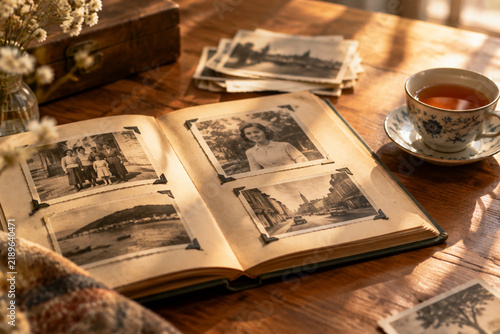 Open photo album with old black-and-white photos and tea, retrospect and nostalgia concept