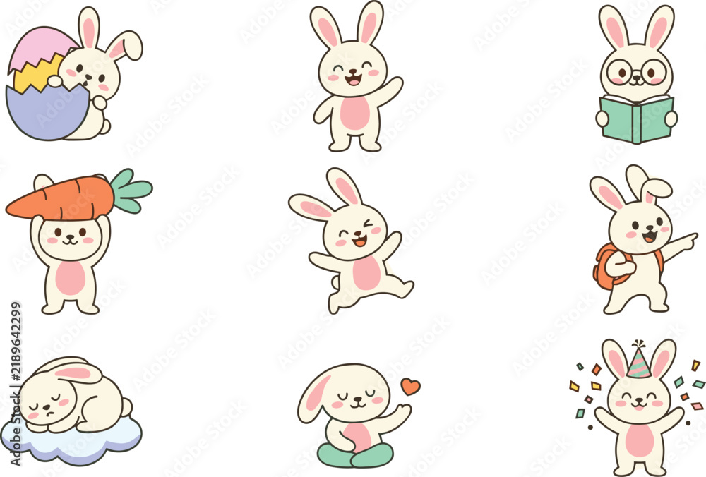 Obraz premium Cute Easter Bunny Cartoon Character Set with Various Poses and Holiday Activity Elements for Children Birthday Party Invitations and Kids School Stationery Designs