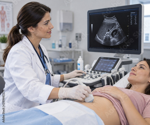 Doctor Performing Abdominal Ultrasound Scan on Female Patient in Clinic