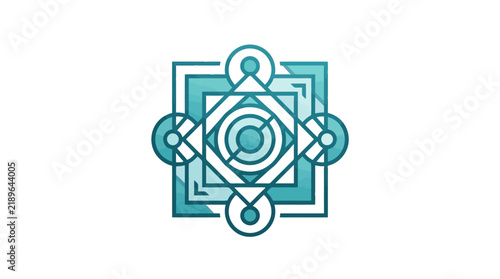 Dynamic Abstract Geometric Artwork with Teal and White Concentric Circles Lines and Symmetrical Shapes