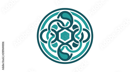Dynamic Abstract Geometric Logo with Interlocking Shapes in Teal and White on Circular with high quality professional line art symbols for modern creative design and digital branding projects
