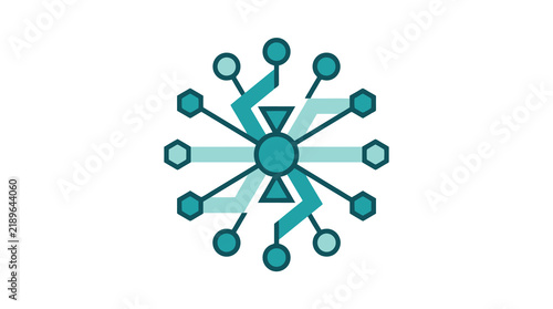 Dynamic Abstract Network Diagram Featuring Central Node with Radiating Hexagonal and Circular Connectors in Shades of Teal