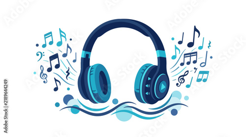 Dynamic Blue and Dark Navy Headphones Surrounded by Musical Notes and Sound Waves with high quality professional line art symbols for modern creative design and digital branding projects