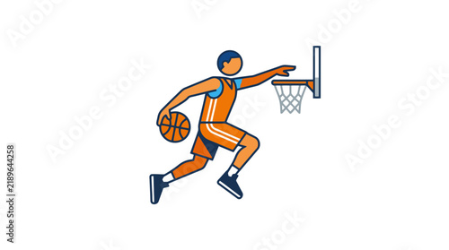 Dynamic Basketball Player in Orange and Blue Dribbling Near Hoop Flat with high quality professional line art symbols for modern creative design and digital branding projects