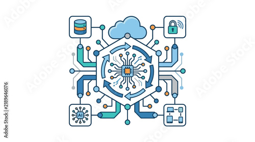 Dynamic Centralized AI and Data Processing Network with Cloud Security and IoT Integration with high quality professional line art symbols for modern creative design and digital branding projects