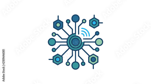Dynamic Centralized Network Hub with Hexagonal Nodes Circles and Wi Fi Signals in Modern Blue Green Color Scheme