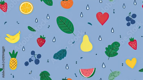 Seamless healthy food pattern with colorful fruit, leaves, hearts and water drops on a blue background, playful nutrition and wellness illustration