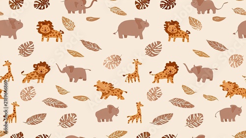 Seamless woodland safari pattern with lions, giraffes and brown forest animals among leaves on a cream background, cute nursery wildlife surface design