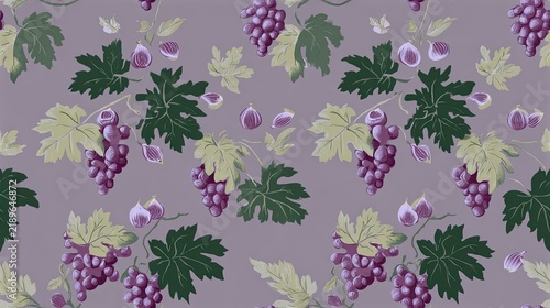 Seamless botanical fruit pattern with purple grapes, green leaves and small berries on a muted lavender background, vineyard inspired surface design