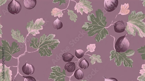 Seamless botanical pattern with purple figs and leafy branches on a dusty rose background, elegant fruit illustration, garden harvest and natural surface design