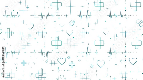 Seamless medical pattern with ECG lines, healthcare icons and clinical symbols in pale teal on a white background, hospital and wellness surface design