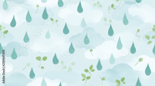 Seamless watercolor weather pattern with large teal raindrops and soft clouds on a pale mint background, rainy day illustration and calm surface design