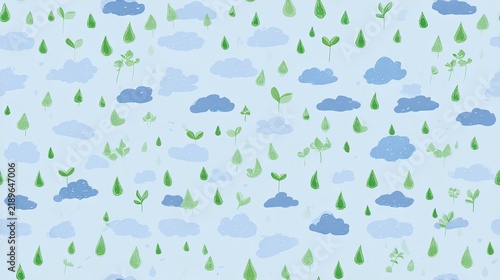 Seamless weather pattern with soft blue clouds, raindrops and small green leaves, gentle rainy season illustration and fresh nature surface design