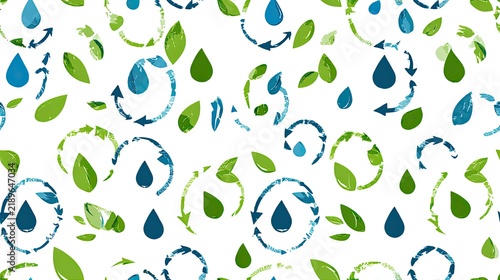 Seamless eco pattern with blue and green water drops, leaves and circular recycling arrows on a white background, sustainability and environmental surface design
