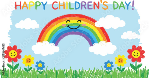 Happy Children's Day vector greeting card and banner featuring a smiling rainbow, fluffy clouds, colorful flowers, and grass against a blue sky background.