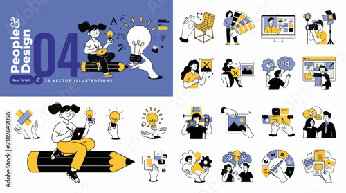 Creative Design and Digital Art Vector Illustration Set: UI UX Designer and Brainstorming Icons