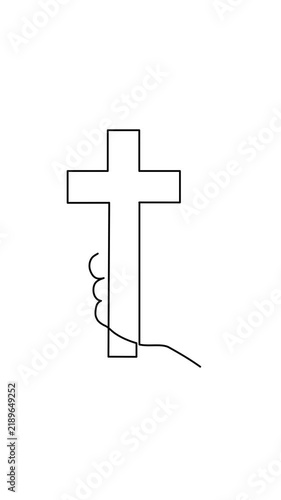 Human hand holding christian cross one line art animation, continuous line drawing religion palm clutching crucifix motion, spiritual faith gospel 4k self-drawing animation