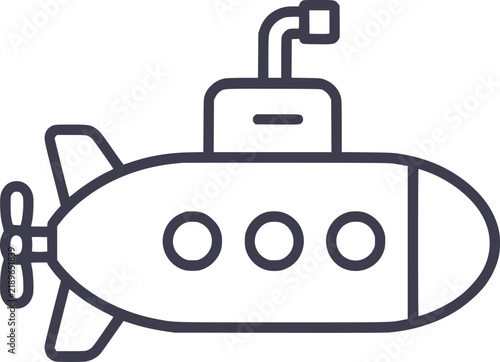 Submarine line icon with three portholes and back propeller grey minimalist outline for sea voyage.
