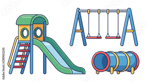 Colorful Children Playground Equipment Set Vector Illustration - Slide, Swings, and Crawl Tunnel Flat Icon Isolated on White Background