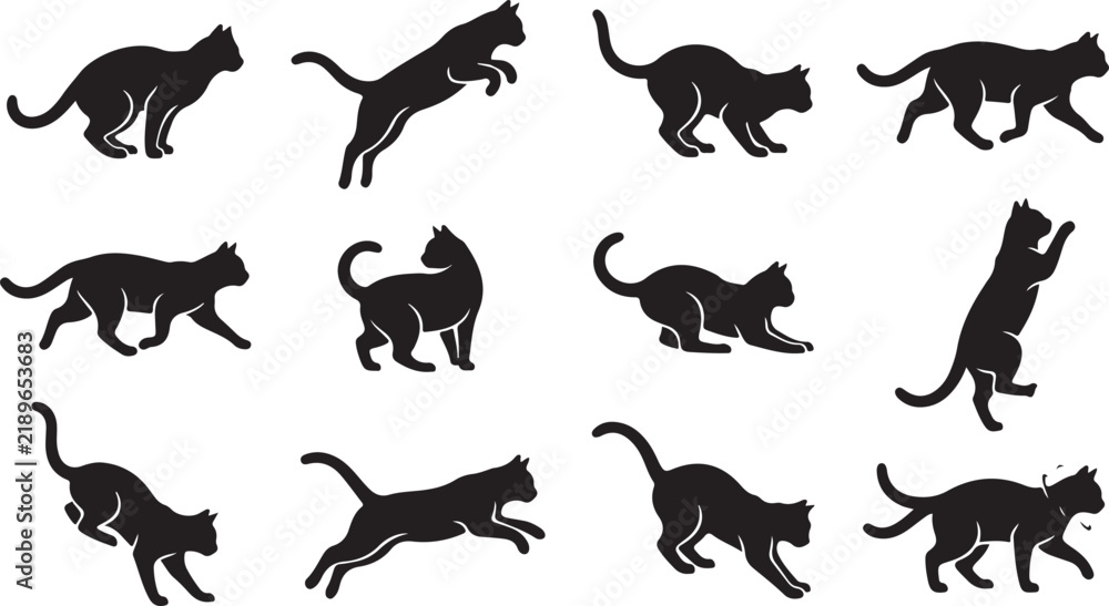 Fototapeta premium Set of black silhouette featuring cats in various poses including jumping, running, stretching, and sitting on white background