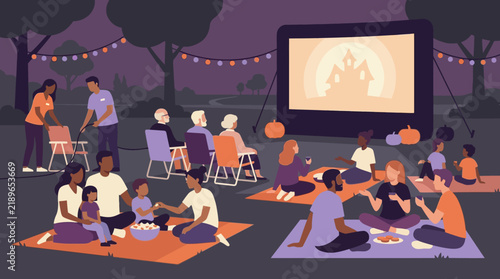 Diverse community gathering in a park at night watching an outdoor movie screening with picnic blankets and pumpkins